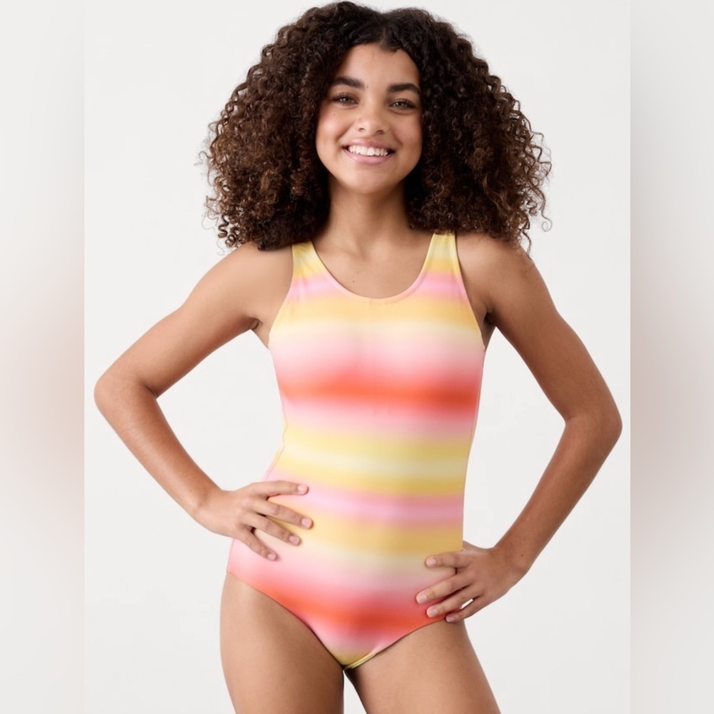 NWT Athleta Girl Scoop One Piece Aura Ombre Yellow Swimsuit Size XL/14